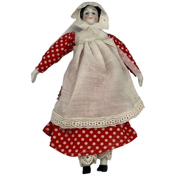 Porcelain Victorian Girl Doll Embroidered Red White Polka Dotted Dress Bonnet - Picture 2 of 15